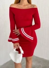 Kadın Akrilik Kumaş Ispanyol Kol Madonna Yaka Mini Elbise