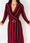 Kadın Akrilik Kumaş Kruvaze Yaka Kemerli Uzun Kollu çizgili Midi Boy Elbise