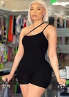 Kadın Asimetrik Askılı Mini Kaşkorse Bodycon Tulum