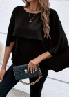 Kadın Asimetrik Pelerin Kollu Yuvarlak Yaka Salaş Sandy Bluz