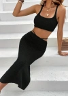 Kadın Askılı Crop Bel Detaylı Derin Yırtmaçlı Etek Triko Ikili Takım