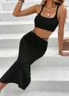 Kadın Askılı Crop Ve Bel Detaylı Derin Yırtmaçlı Etek Ikili Takım