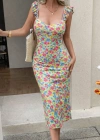 Kadın Askılı Göğüs Dekolteli Yırtmaçlı Desenli Midi Dalgıç Elbise