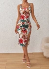 Kadın Askılı Kare Yakalı Yırtmaçlı çiçek Desenli Dalgıç Elbise