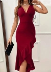 Kadın Askılı V Yakalı önden Fırfırlı Uzun Ithal Krep Elbise