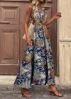 Kadın Askılı Kruvaze Yakalı Uzun Desenli Kemersiz Süprem Elbise