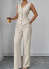 Kadın Askılı önden Düğmeli Bluz Ve Pantolon Keten Ikili Takım