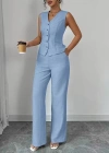 Kadın Askılı önden Düğmeli Bluz Ve Pantolon Keten Ikili Takım