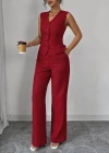 Kadın Askılı önden Düğmeli Bluz Ve Pantolon Keten Ikili Takım