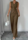 Kadın Askılı önden Düğmeli Bluz Ve Pantolon Keten Ikili Takım