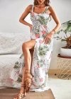 Kadın Askılı önden Düğmeli Yaprak Desenli Uzun Süprem Elbise
