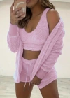 Kadın Askılı Peluş Bluz,şort Ve Ceket üçlü Takım