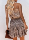 Kadın Askılı V Yaka Beli Pileli Leopar Desen Eteği Fırfırlı Süprem Elbise