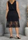 Kadın Askılı V Yakalı Dantelli Midi Viskon Elbise