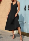 Kadın Askılı V Yakalı Halka Detaylı Maksi Boy Viskon Elbise