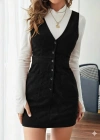 Kadın Askılı V Yakalı önden Düğmeli Mini Kalın Fitilli Kadife Elbise