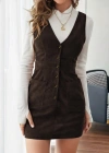 Kadın Askılı V Yakalı önden Düğmeli Mini Kalın Fitilli Kadife Elbise