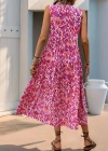 Kadın Askılı Yakası Fırfırlı Bağcıklı Desenli Uzun Süprem Elbise