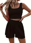 Kadın Askılı Yuvarlak Yakalı Burgu Krop Ve Bluz Short Ikili Takım
