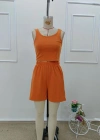 Kadın Askılı Yuvarlak Yakalı Burgu Krop Ve Bluz Short Ikili Takım