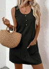 Kadın Askılı Yuvarlak Yakalı önden Düğmeli Cep Detaylı Kısa Elbise