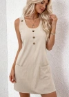 Kadın Askılı Yuvarlak Yakalı önden Düğmeli Cep Detaylı Kısa Elbise