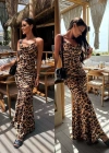 Kadın aten Kumaş Leopar Desenli Uzun Askılı Elbise