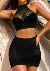 Kadın Balıkçı Yaka Delikli Krop Bluz Ve Etek Triko Ikili Takım