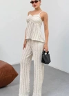 Kadın Bej Dokulu Askılı Üst Ve Bol Paça Pantolon 2’li Takım