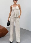 Kadın Bej Dokulu Askılı Üst Ve Bol Paça Pantolon 2’li Takım