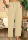 Kadın Bel Büzgü Ve Düğme Detay Kısa Geniş Paça Keten Pantolon