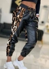 Kadın Bel Ve Paça Lastikli Detay Yanları Leopar Detay Bağcıklı Deri Pantolon