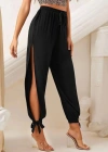 Kadın Beli Lastikli Bağcıklı Yanları Yırtmaç Detaylı Bilekten Bağcıklı Viskon Pantolon