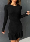 Kadın Bisiklet Yaka Uzun Kol Etek Ucu Fırfırlı Triko Mini Boy Elbise