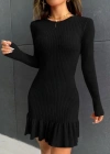 Kadın Bisiklet Yaka Uzun Kol Etek Ucu Fırfırlı Triko Mini Boy Elbise