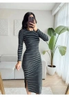 Kadın Bisiklet YakaYırtmaç Detay Çizgili Elbise