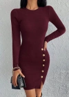 Kadın Bordo Uzun Kollu Bisiklet Yaka Yan Yırtmaç Düğme Detay Kısa Kaşkorse Elbise