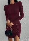 Kadın Bordo Uzun Kollu Bisiklet Yaka Yan Yırtmaç Düğme Detay Kısa Kaşkorse Elbise