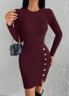 Kadın Bordo Uzun Kollu Bisiklet Yaka Yan Yırtmaç Düğme Detay Kısa Kaşkorse Elbise