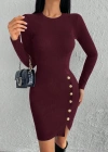 Kadın Bordo Uzun Kollu Bisiklet Yaka Yan Yırtmaç Düğme Detay Kısa Kaşkorse Elbise