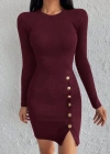 Kadın Bordo Uzun Kollu Bisiklet Yaka Yan Yırtmaç Düğme Detay Kısa Kaşkorse Elbise