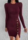 Kadın Bordo Uzun Kollu Bisiklet Yaka Yan Yırtmaç Düğme Detay Kısa Kaşkorse Elbise