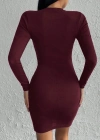 Kadın Bordo Uzun Kollu Bisiklet Yaka Yan Yırtmaç Düğme Detay Kısa Kaşkorse Elbise