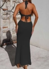 Kadın Boyundan Ve Sırttan Bağlamalı Dekolteli Triko Uzun Elbise
