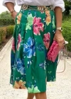 Kadın çiçek Desen Baskılı Pileli Süprem Kumaş Midi Etek (kemersiz)