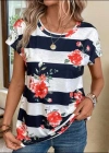 Kadın Çiçek Desenli Yatay Şeritli Bisiklet Yaka Tişört