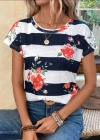 Kadın Çiçek Desenli Yatay Şeritli Bisiklet Yaka Tişört