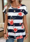 Kadın Çiçek Desenli Yatay Şeritli Bisiklet Yaka Tişört