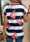 Kadın Çiçek Desenli Yatay Şeritli Bisiklet Yaka Tişört
