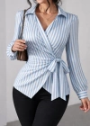 Kadın çizgili Kruvaze Bağlamalı Gömlek